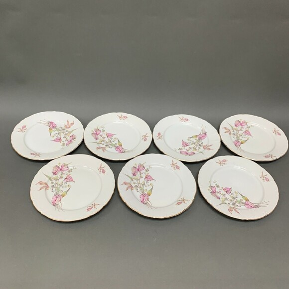 Bohemian Czechoslovakia Salad Plates Floral White Pink Gold Trim Lot of 7 - Picture 1 of 11